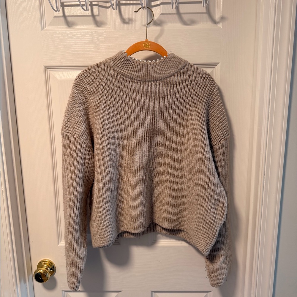 H&M Cropped Chunky Crewneck Sweater - Taupe Beige